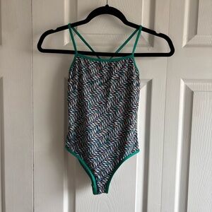 Patagonia Girl's Size M 10 One Piece Swimsuit Blue Green Pattern Cross Back